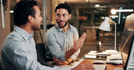 Conversation, computer and business men in office at night with deadline for finance report. Collaboration, overtime and team of financial advisors with planning for investment proposal in workplace