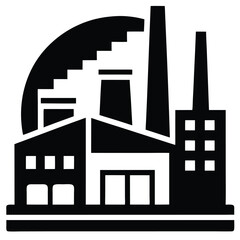 Black factory silhouette features chimneys, windows, and a geometric sun design behind the scene