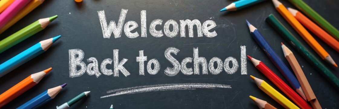 Welcome back to school banner with colorful pencils arranged on a blackboard surface. Chalk lettering invites students to start studying and learning new things.