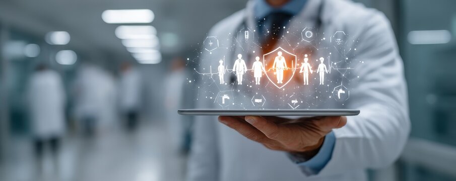 Doctor presents digital health technology on tablet with holographic team and shield imagery