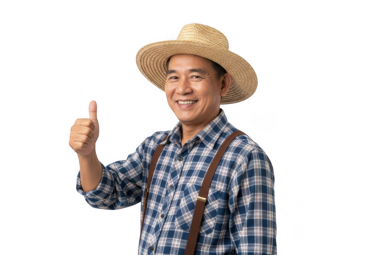 Asian man wearing straw hat plaid shirt suspenders giving thumbs up gesture isolated on transparent background - Powered by Adobe
