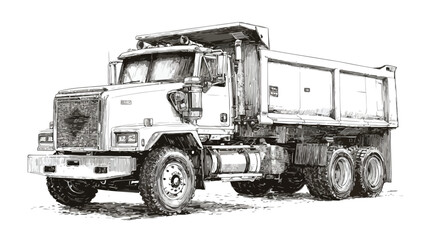 Naklejka premium Detailed Drawing of Dump Truck with Large Front Loader