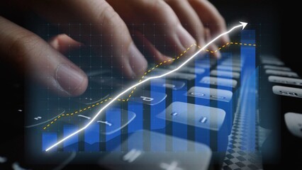 Close-up of hands typing on a keyboard surrounded by data visualization elements like graphs and growth trends, representing financial analytics and business success. Copula