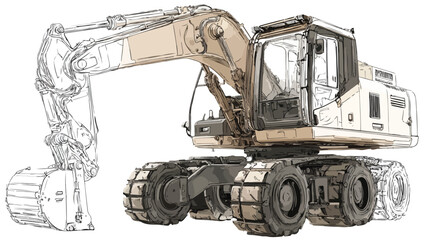 Detailed Excavator Drawing in Progress with Vector Outline Isolated