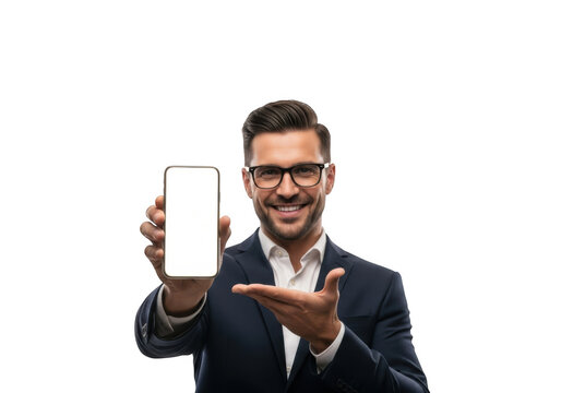 Smiling businessman wearing glasses and a suit holding a modern smartphone with a blank screen isolated on transparent background