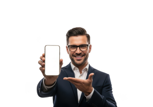 Smiling businessman wearing glasses and a suit holding a modern smartphone with a blank screen isolated on transparent background