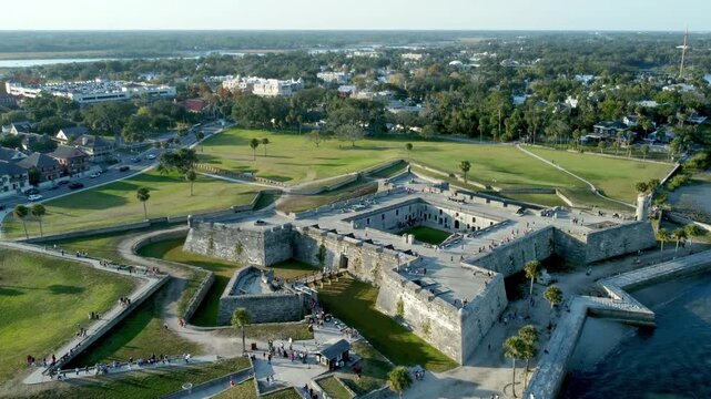 Aerial descending shot of the Castillo De San Marcos, the Spanish colonial fort in St Augustine, Florida.