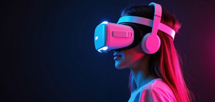 Young woman wears futuristic VR headset with headphones. Neon lights glow blue and pink on device and hair. She explores digital world, plays game or watches movie in virtual reality.