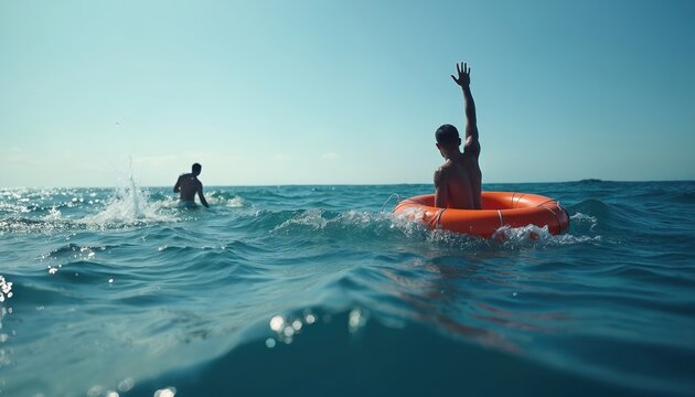Man in orange lifebuoy struggles in vast open ocean. Raises arm, signaling for urgent help, rescue. Another swimmer moves in water. Represents critical sea emergency, desperate survival effort under