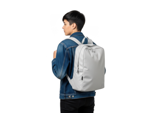 Young man wearing a denim jacket and carrying a light gray backpack viewed from the side isolated on transparent background