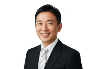 Professional asian businessman in a dark suit and tie smiling confidently isolated on transparent background
