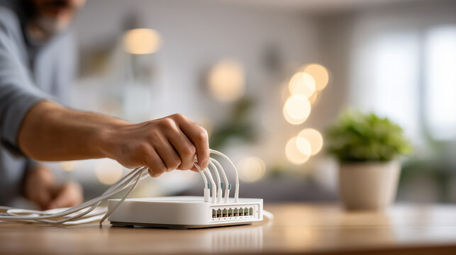 Close shot of a Wi Fi router with many cables one cable unplugged by hand background living room defocused resetting the smart home network restart troubleshooting IoT reset