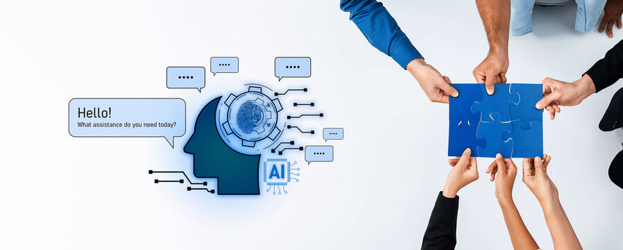 Engaging visual of hands presenting puzzle pieces alongside a digital AI interface, symbolizing teamwork and problem-solving through technology and communication. Trope
