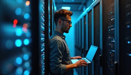 Man with glasses works on laptop in dark server room with many computer racks and blinking lights. IT pro checks system status and network connection in data center.