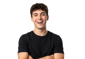 A young energetic man with curly brown hair and a wide joyful smile wearing a black t shirt isolated on transparent background