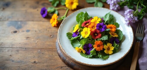 Bright edible flower salad arranged on plate. Colorful blossoms and green leaves create dish. A fork rests beside plate, rustic wood background. Culinary art.