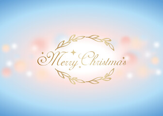 Minimalistic Merry Christmas card on a sky blue background with blurred lights