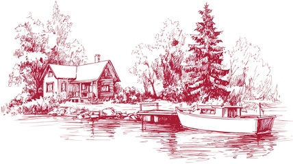 Scenic Drawing of House with Boat on Water - Vector Illustration