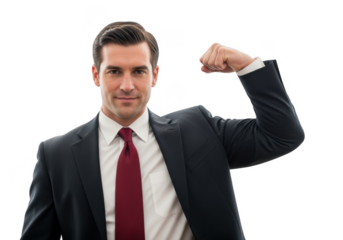 Confident businessman flexing bicep showing strength and power in professional attire isolated on transparent background