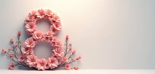 Pink flowers form large number eight on soft pastel background. Delicate floral branches with buds decorate composition. Elegant feminine design perfect for Women Day holiday banner, greeting card,