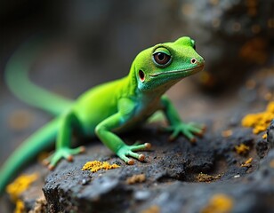 Fototapeta premium Vivid green gecko lizard rests on textured dark volcanic rock with yellow moss. Small reptile animal in wild tropical nature habitat. Exotic fauna with vibrant scales looks alert, watching