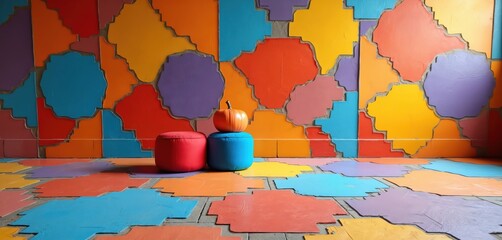 Colorful geometric mosaic floor and wall tiles with irregular shapes. Two poufs and pumpkin sit against the vibrant, abstract textured backdrop. Interior design space.
