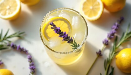 Refreshing lemonade in glass with ice, lemon slice, lavender. Fresh lemons, lavender flowers surround cool drink. Healthy detox beverage perfect for summer parties, relaxation, thirst quencher.