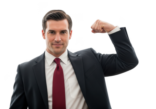 Confident businessman flexing bicep showing strength and power in professional attire isolated on transparent background
