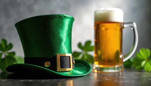 Green leprechaun hat and beer glass sit on dark surface. St Patricks Day symbols with clover leaves. Festive holiday drink and accessory on black background.