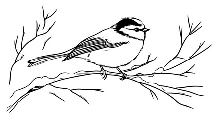 Small Songbird Perched on Bare Branch – Detailed Monochrome Line Art Vector Wildlife Illustration © Luka