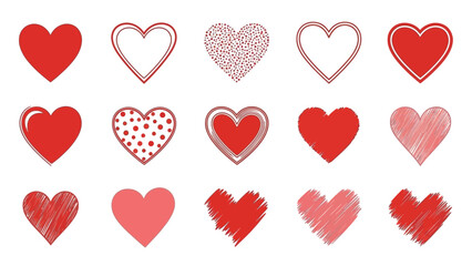 A collection of fifteen red and pink heart shapes of various styles are displayed against a white background, representing love and affection.