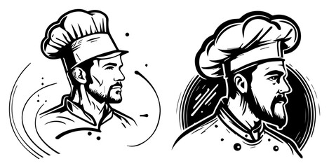 Obraz premium Professional Chef Portrait Wearing Toque – Vintage Monochrome Line Art Vector Culinary Illustration