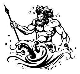 Poseidon God of the Sea with Trident Rising from Waves – Bold Monochrome Line Art Vector Greek Mythology Illustration © Luka