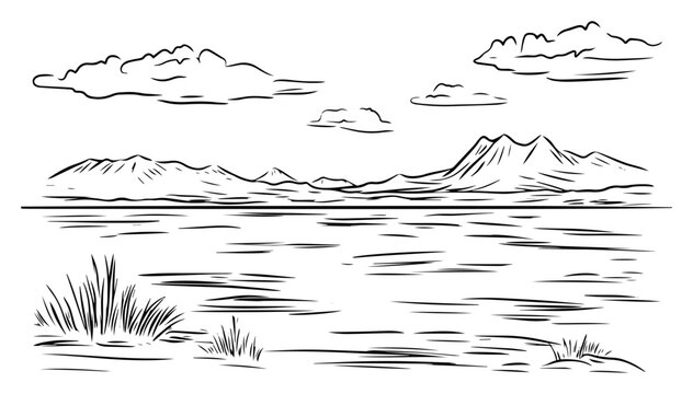 Wide Open Salt Flat with Distant Mountain Range and Clouds &ndash; Minimal Monochrome Line Art Vector Desert Landscape Illustration