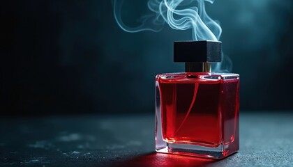 Luxurious red perfume bottle with black cap emitting wisps of smoke. Elegant fragrance container on dark surface under soft moody lighting, suggesting allure and mystery.