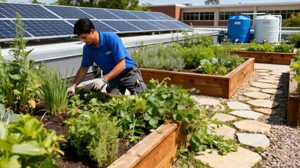 Medium shot capturing maintenance activity on a lush rooftop garden atop an educational institution promoting green infrastructure and energy efficiency.