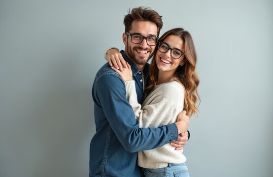 Young couple in glasses embrace and hold hands. Smiling man and woman look at camera, expressing joy and affection. They stand together close on a plain grey studio background.