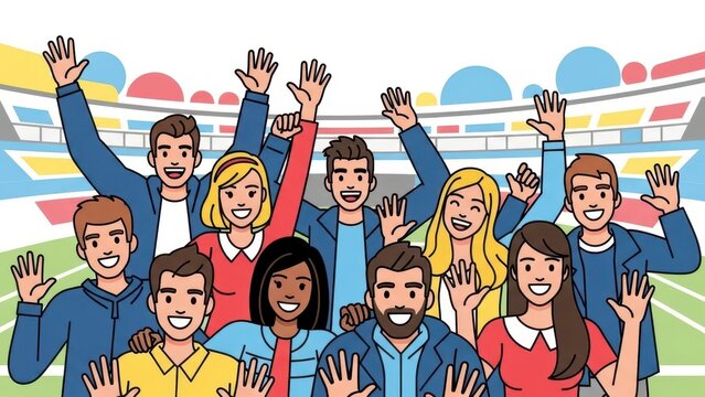 A Diverse Group of Happy People Waving at a Sports Stadium.