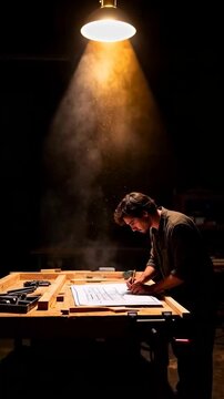 Craftsman Drawing on Blueprint in Dark Workshop Under Warm Hanging Lamp with Dust Motes