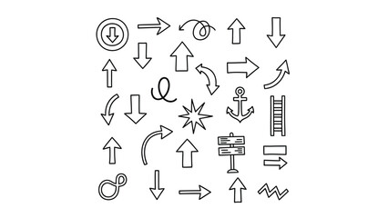 Fototapeta premium A collection of various hand-drawn arrow icons and symbols, including directional arrows, a starburst, an anchor, a ladder, and a signpost, presented on a white background.