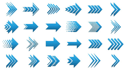A collection of various blue arrows pointing to the right, displayed in a grid on a white background, showcasing different styles and designs.