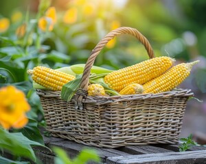Elegant display of vibrant freshly harvested corn on the cob in a rustic basket tray