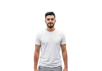 Fototapeta premium A young man with a beard and short dark hair wearing a plain white t shirt and grey pants standing straight isolated on transparent background