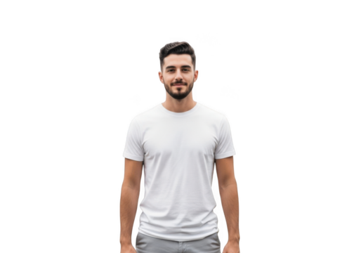 A young man with a beard and short dark hair wearing a plain white t shirt and grey pants standing straight isolated on transparent background