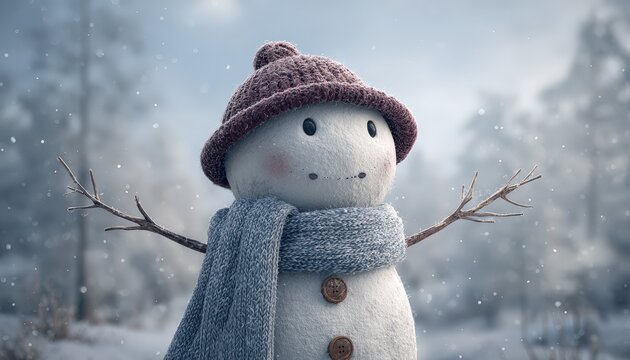 Charming snowman wearing knitwear stands outdoors during snowfall