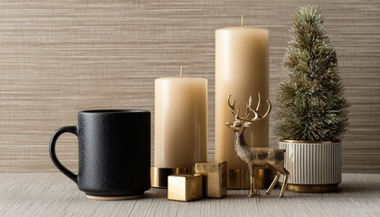 Elegant grouping of festive decorations and a dark mug set against a textured background