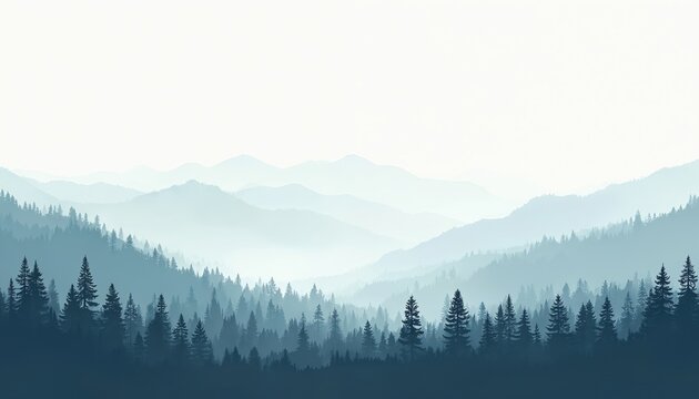 Layered mountain range covered in dense pine forest. Hazy atmosphere with pale sky suggests dawn or dusk. Tranquil scene for nature, travel, or meditation themes. Serene landscape.