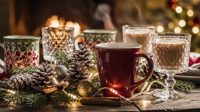 Cozy winter holiday beverages and festive decorations by warm firelight