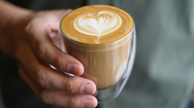 Double-wall borosilicate glass cup with cappuccino, latte art heart, clear insulated drinkware, floating coffee effect, barista hand holding cup, minimal cafe setting, warm beverage comfort