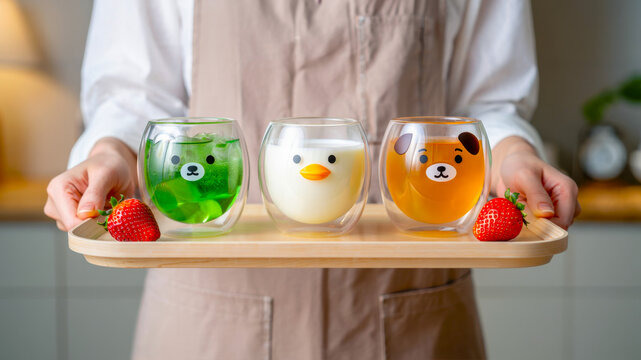 Double wall glass cups with animal faces on wooden tray, borosilicate floating drinkware, man holding serving board, clear heat resistant tumblers, minimal home cafe beverage presentation - Powered by Adobe